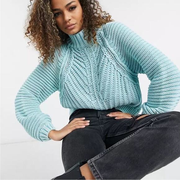 Free People Sweetheart Mock Neck Chunky Sweater in Ocean Pearl Blue Size S - Picture 2 of 7